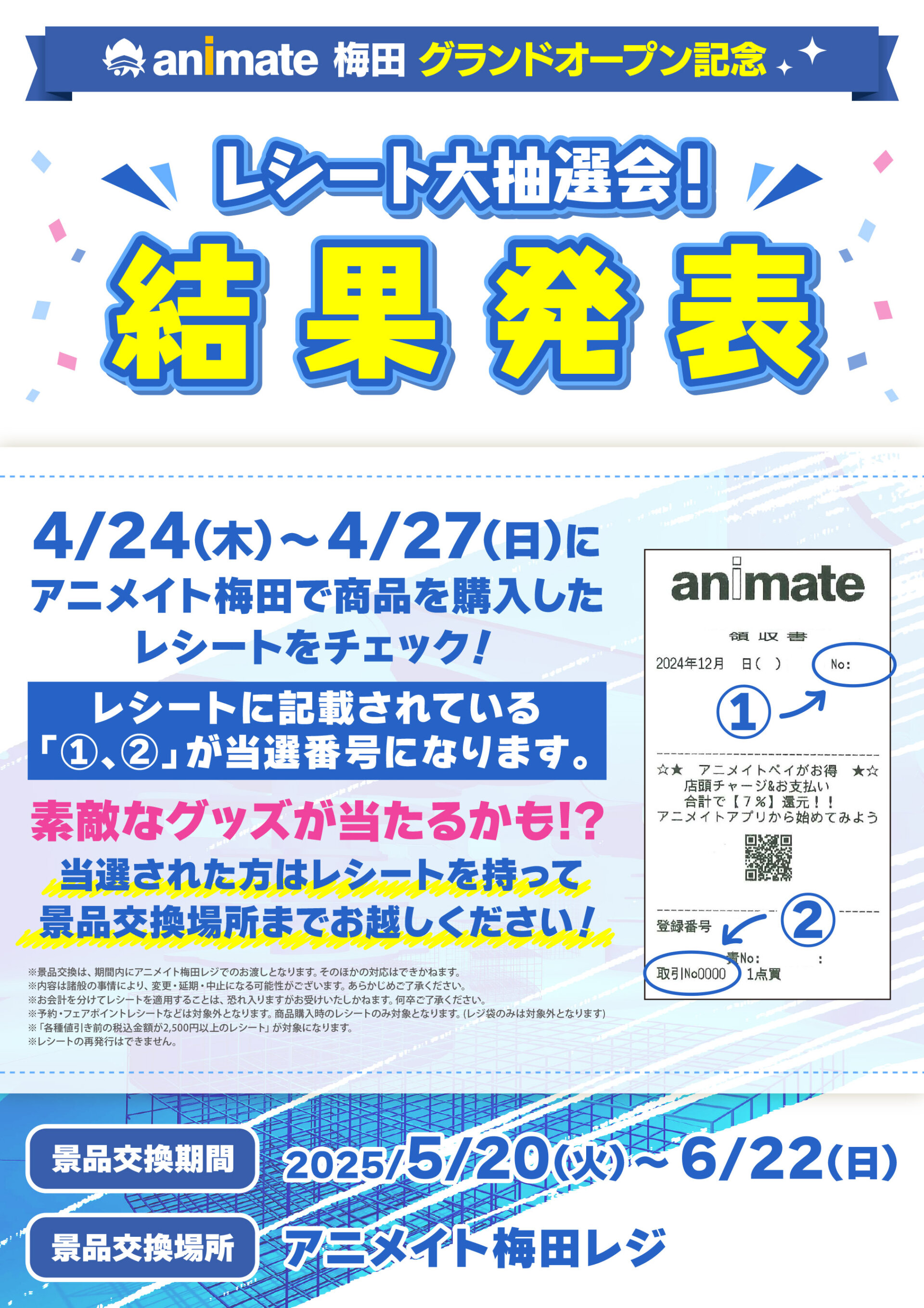 「アニメイト梅田」グランドオープン記念キャンペーン「レシート大抽選会！」結果発表!!
